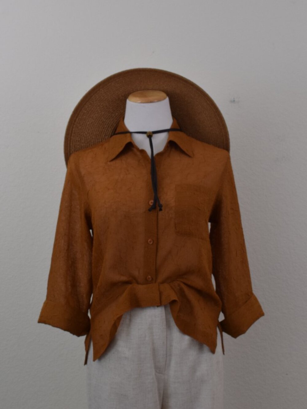 Vintage 90s Tawny Brown Crinkle Polyester  Sheer Blouse size S‎